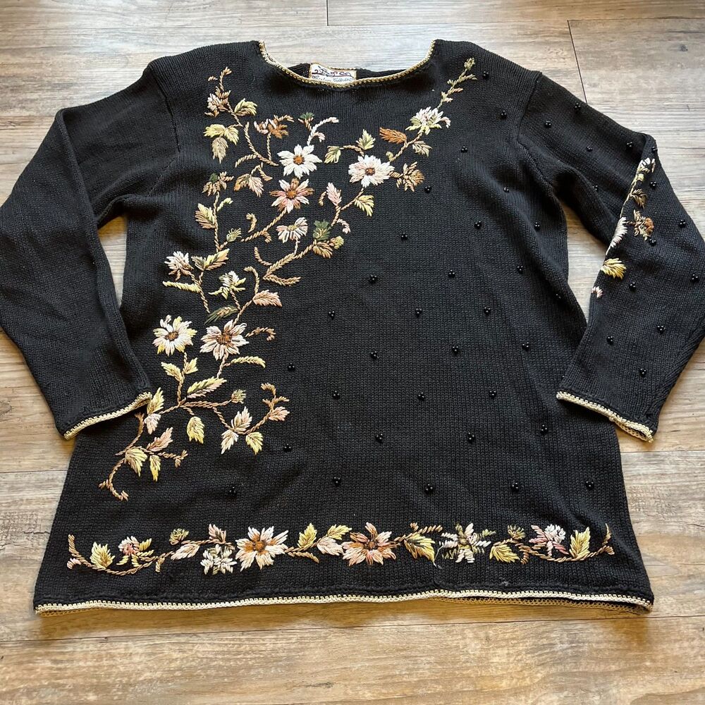 Vintage Sweater Women's Medium Heirloom Collectibles Embroider Beading Black 80s